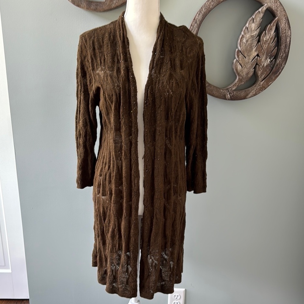 Eileen Fisher Brown Cardigan Sweater with Open Front and Long Length Size L